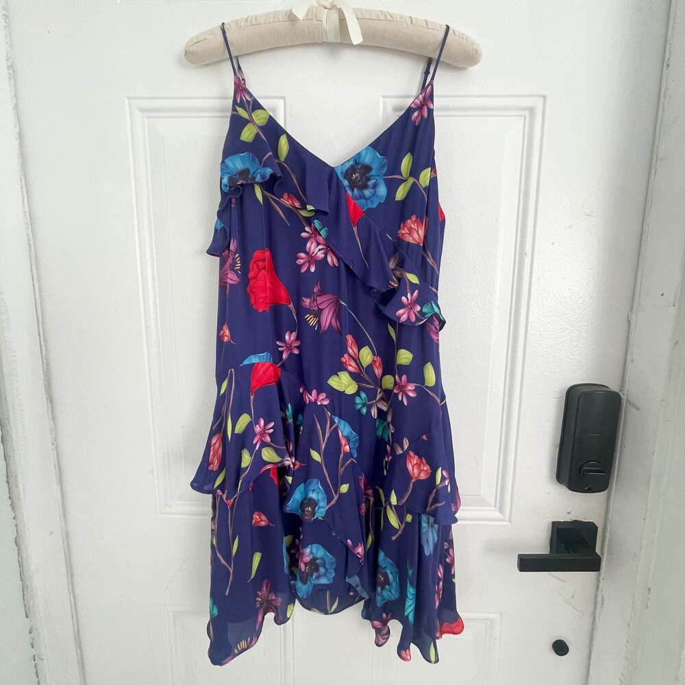 Parker 53% Silk Floral Ruffle Tiered Mini Dress Blue Spaghetti Strap V Neck M